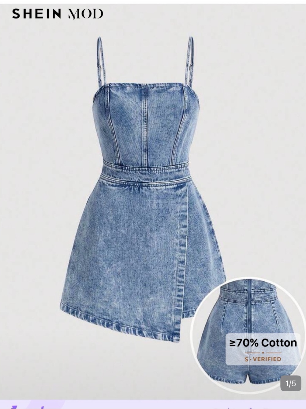 SHEIN MOD WOMENS Light Blue Denim Mini Jumper with adjustable Spaghetti Straps